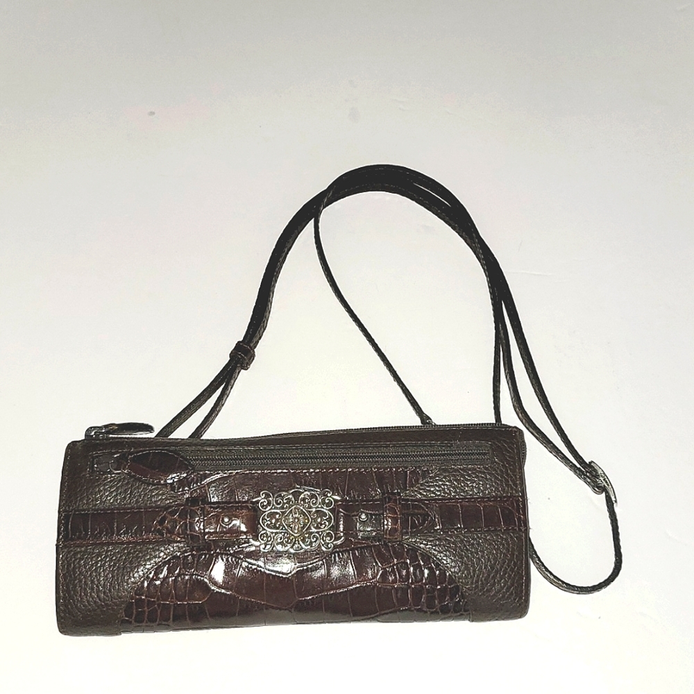 BRIGHTON BROWN CROC EMBOSSED & PEBBLED LEATHER CROSSBODY BAG